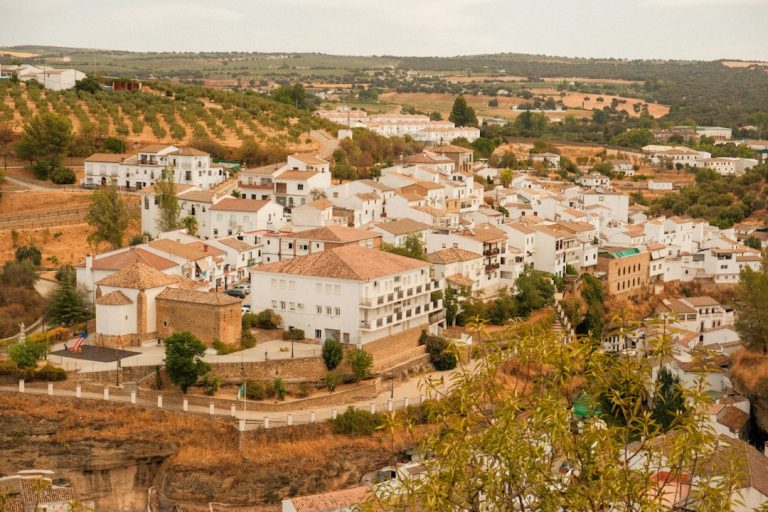 Pueblo blanco de Andalucía entre olivares